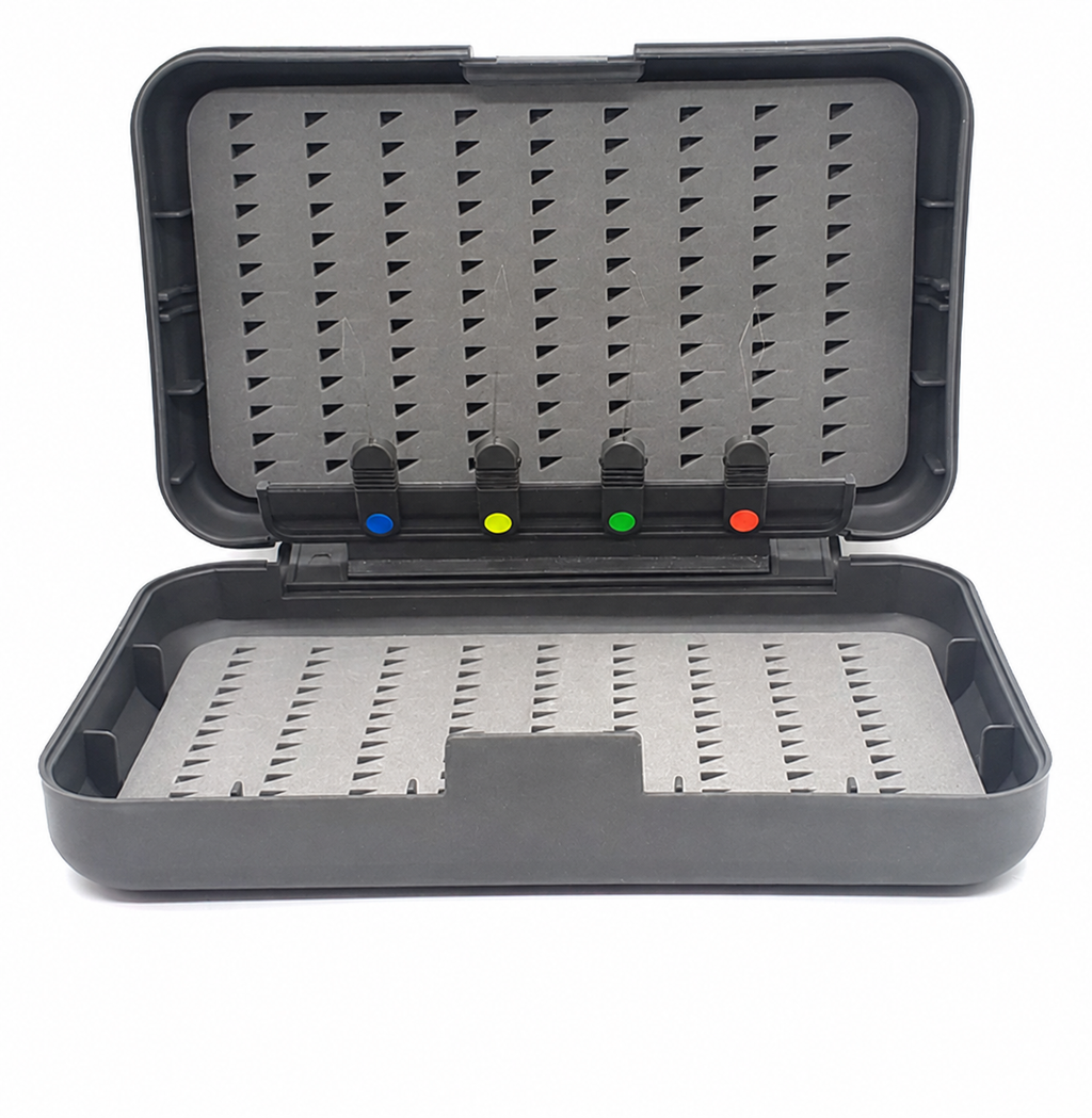 A gray plastic multi-color organizer tray, shown open to reveal a foam insert with triangular cutouts and four small color-coded tabs in blue, yellow, green, and red.