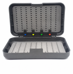 A gray plastic multi-color organizer tray, shown open to reveal a foam insert with triangular cutouts and four small color-coded tabs in blue, yellow, green, and red.